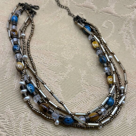 Vintage Premier Designs 5 strand gold tones and glass beads necklace. - Picture 5 of 8
